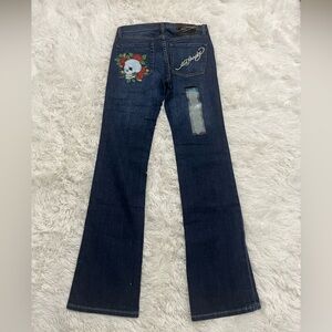 ED HARDY Vintage Easy Rise Flare Jeans Tattoo Skull Rose Print Dark Wash 27